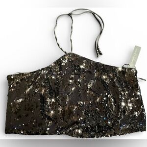 HOUSE OF HARLOW 1960 BLACK SEQUIN HALTER CROP TOP SPARKLY SIZE LARGE NWT